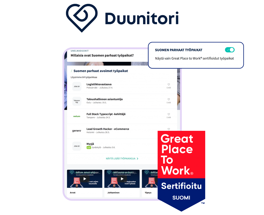 Great Place To Work -sertifioidut yritykset ovat listattuna Duunitorin-sivustolla.